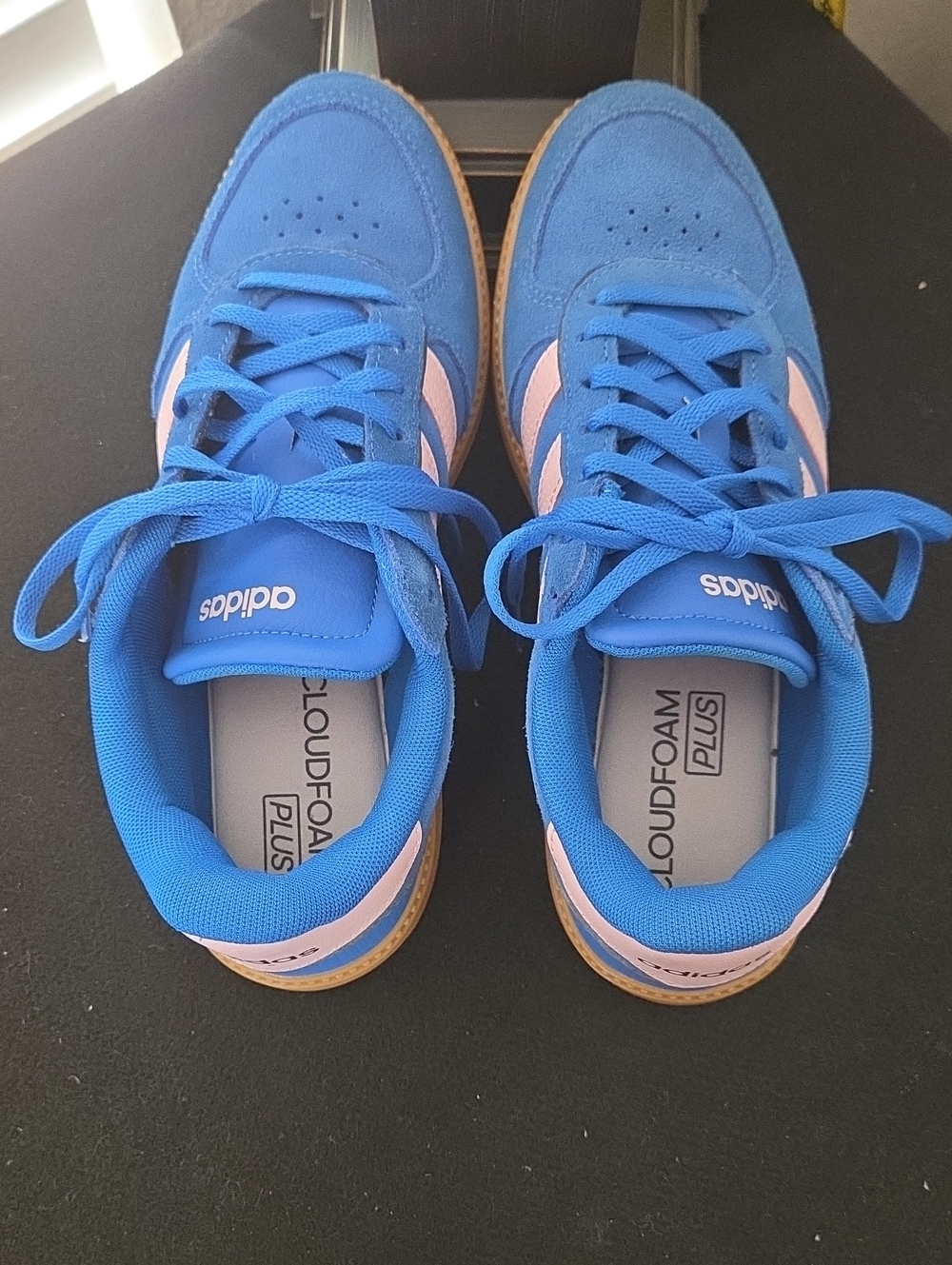 Adidas Women's Bright Blue Sneakers with Light Pink Stripes